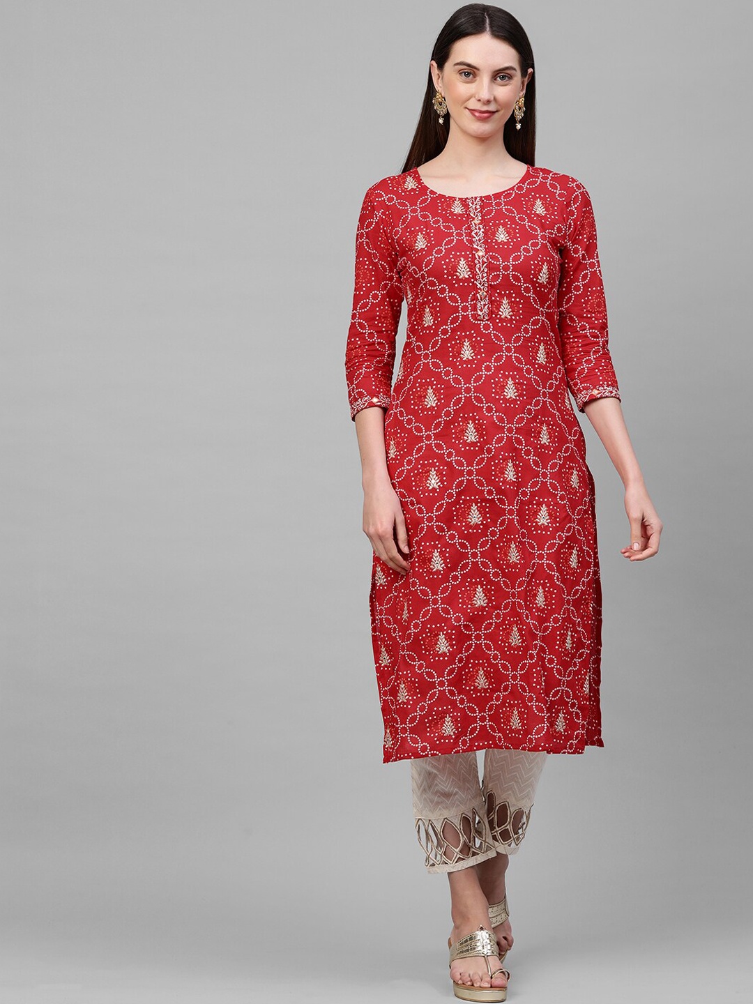 

FASHOR Women Red Bandhani Embroidered Kurta