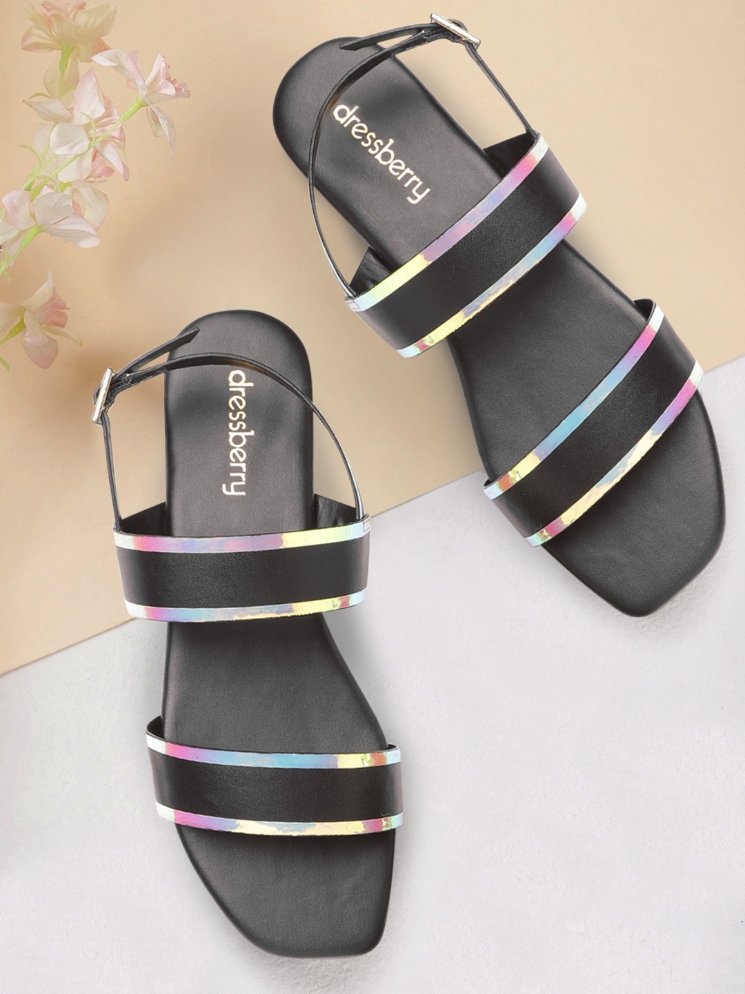 

DressBerry Women Black Striped Open Toe Flats with Iridescent Effect