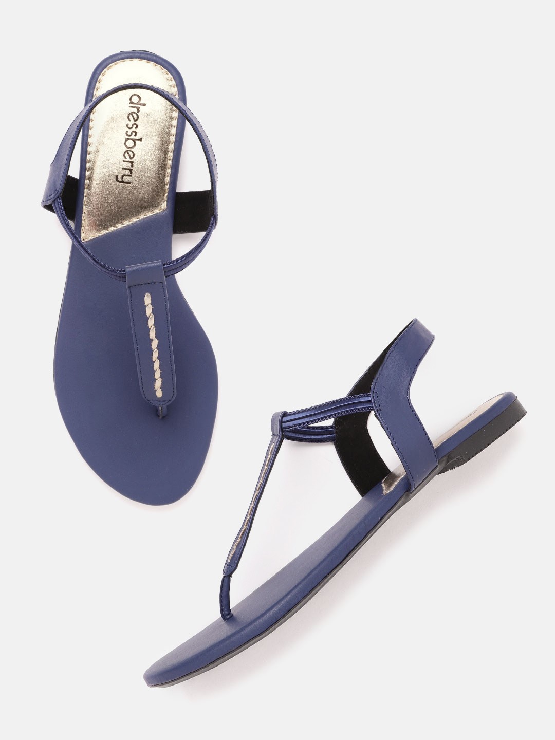 

DressBerry Women Navy Blue Solid T-Strap Flats
