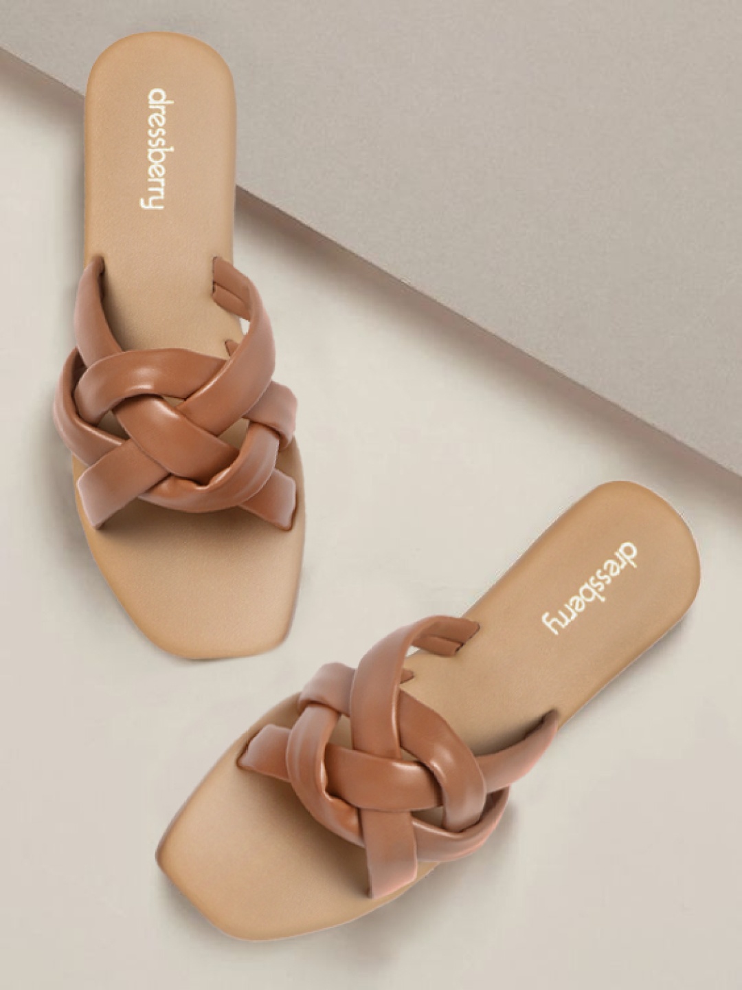 

DressBerry Women Tan Brown Solid Braided Open Toe Flats