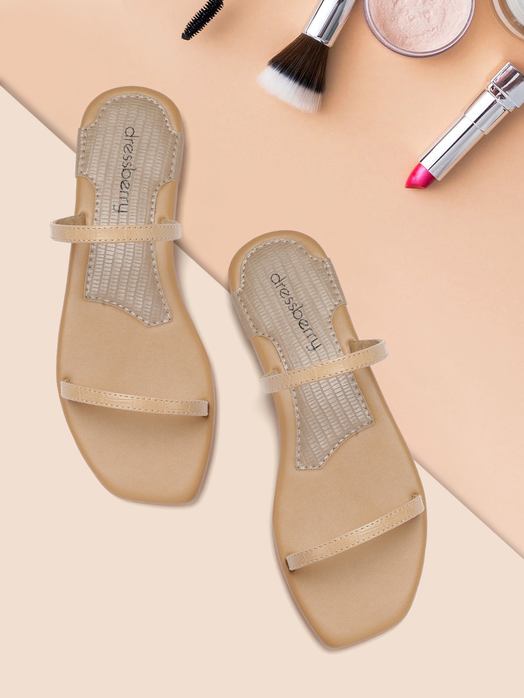 

DressBerry Women Beige Croc Textured Open Toe Flats