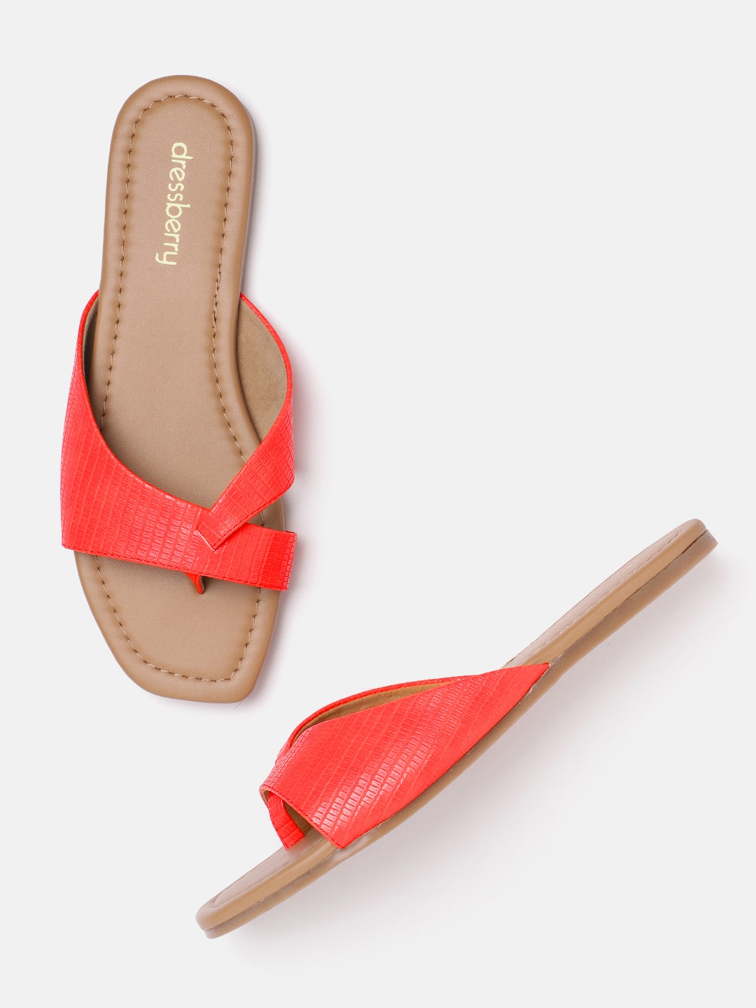 

DressBerry Women Red Snakeskin Textured Open Toe Flats