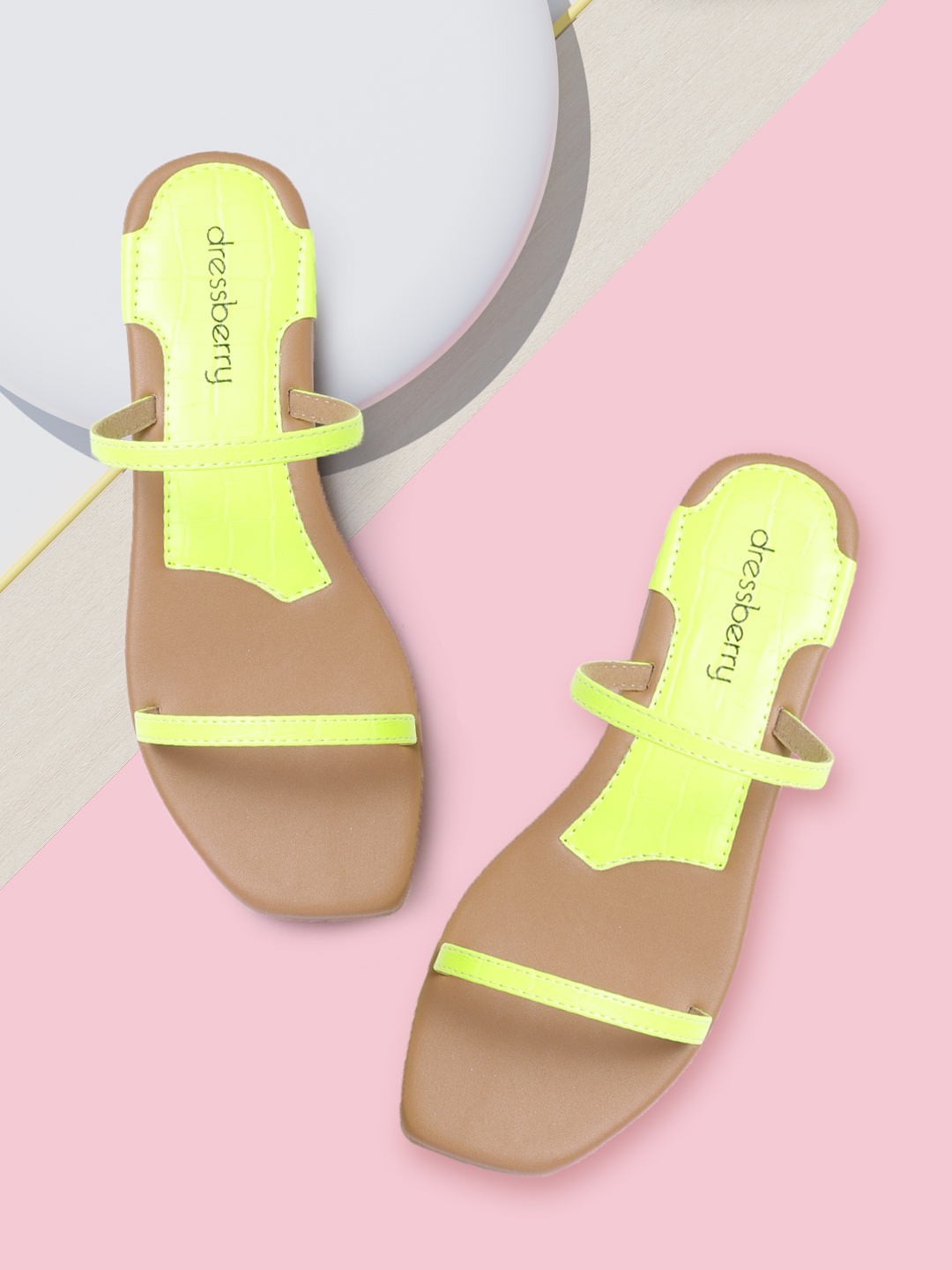 

DressBerry Women Fluorescent Green Croc Textured Open Toe Flats