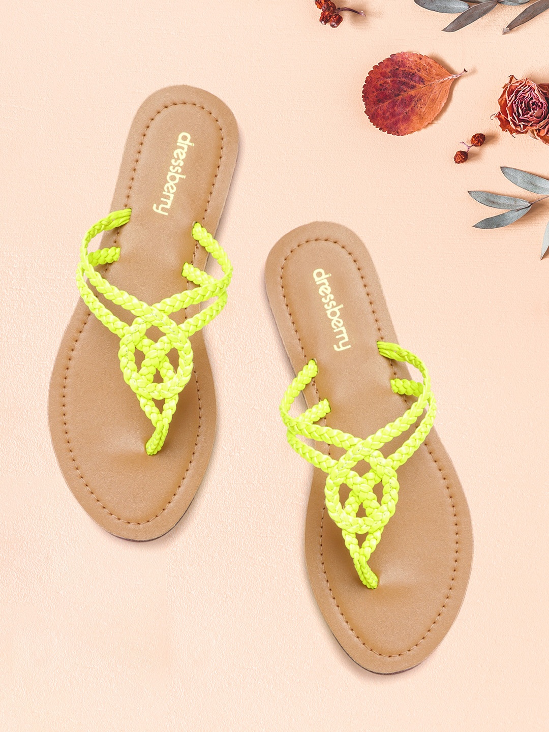 

DressBerry Women Fluorescent Green Braided Open Toe Flats