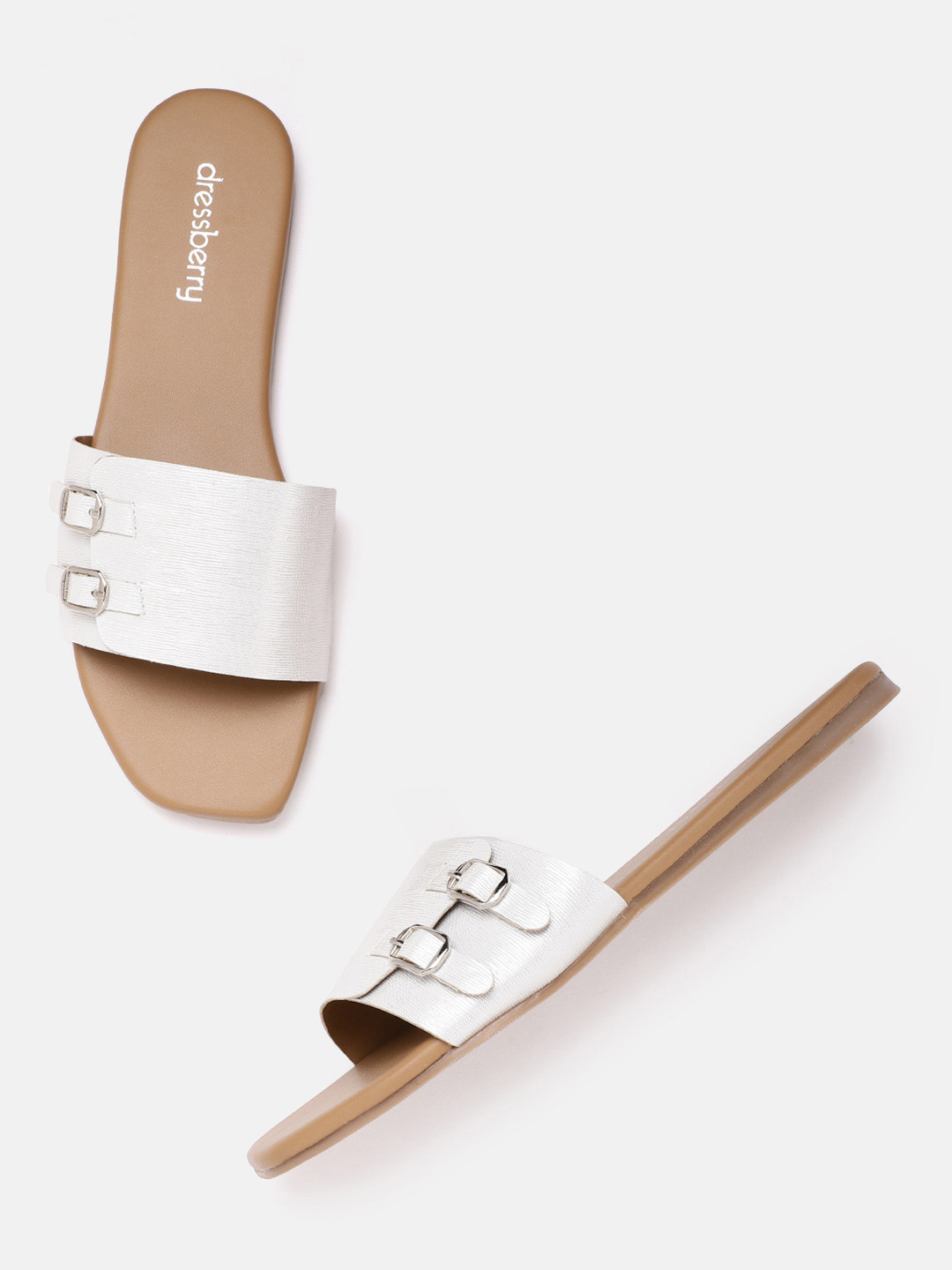 

DressBerry Women Silver-Toned Textured Open Toe Flats with Buckles