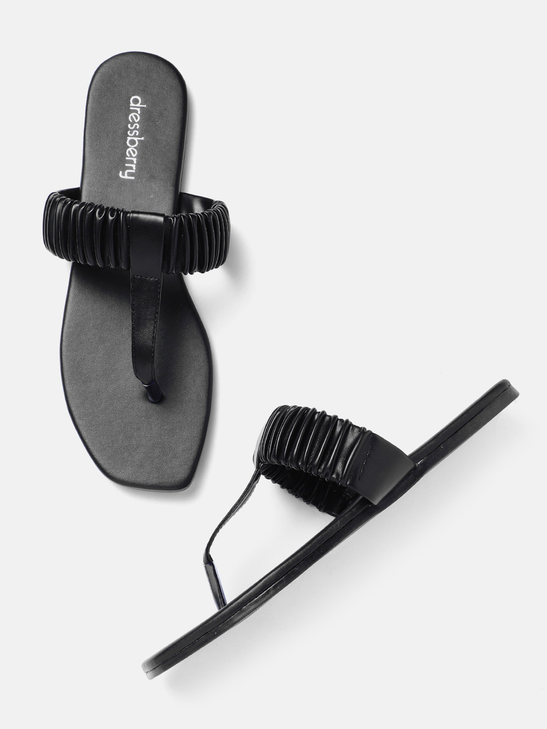 

DressBerry Women Black Ruched T-Strap Flats