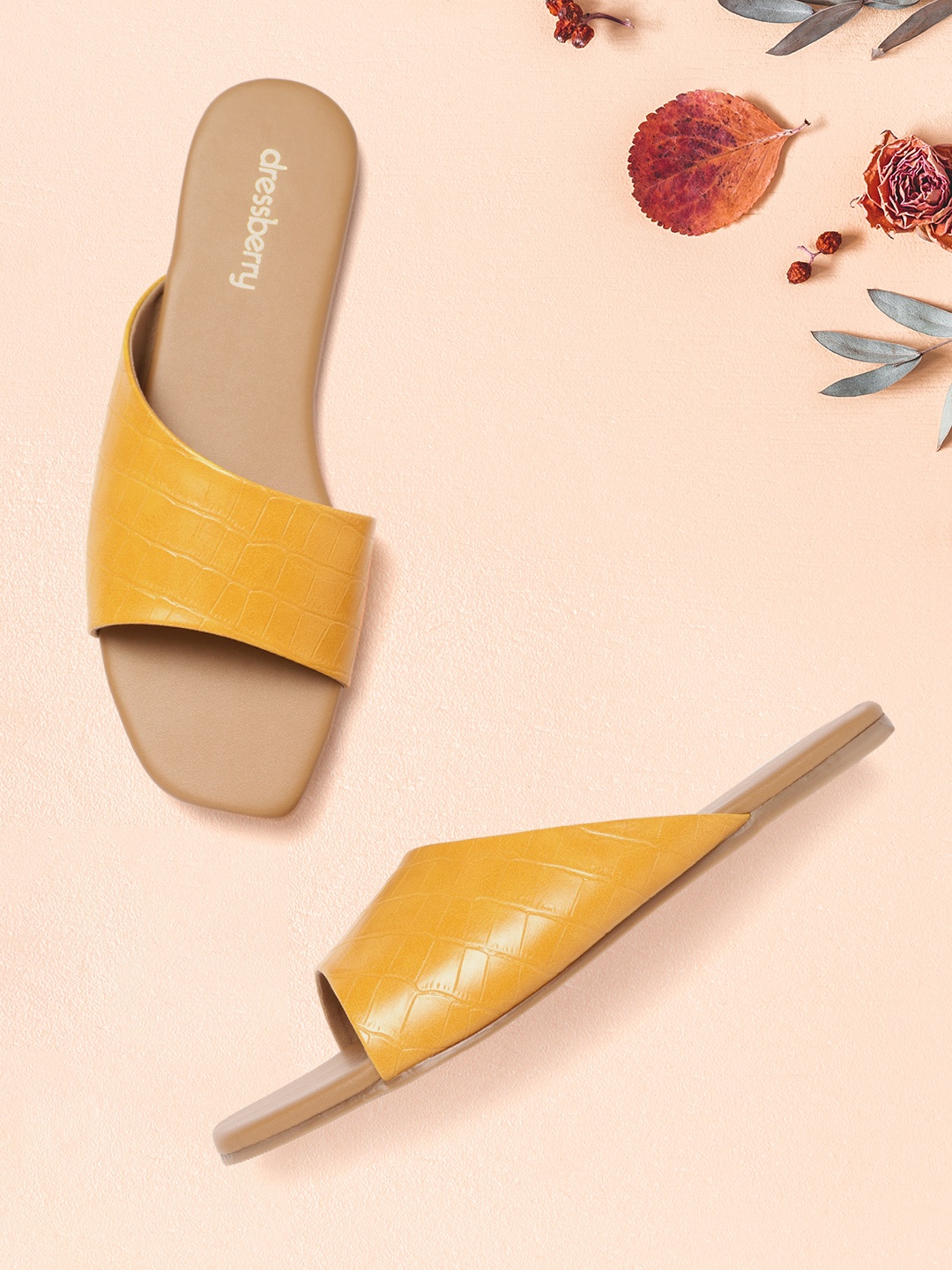 

DressBerry Women Mustard Yellow Croc Textured Open Toe Flats
