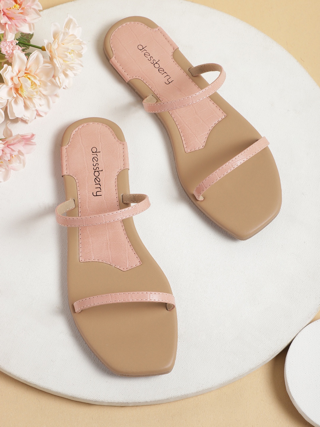 

DressBerry Women Pink Croc Textured Open Toe Flats