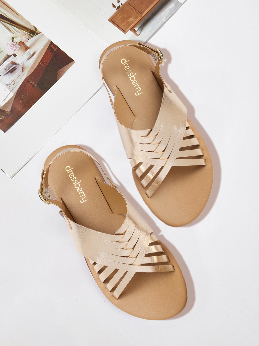 

DressBerry Women Gold-Toned Solid Open Toe Flats