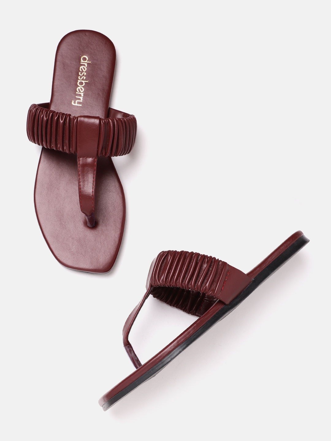 

DressBerry Women Burgundy Ruched T-Strap Flats
