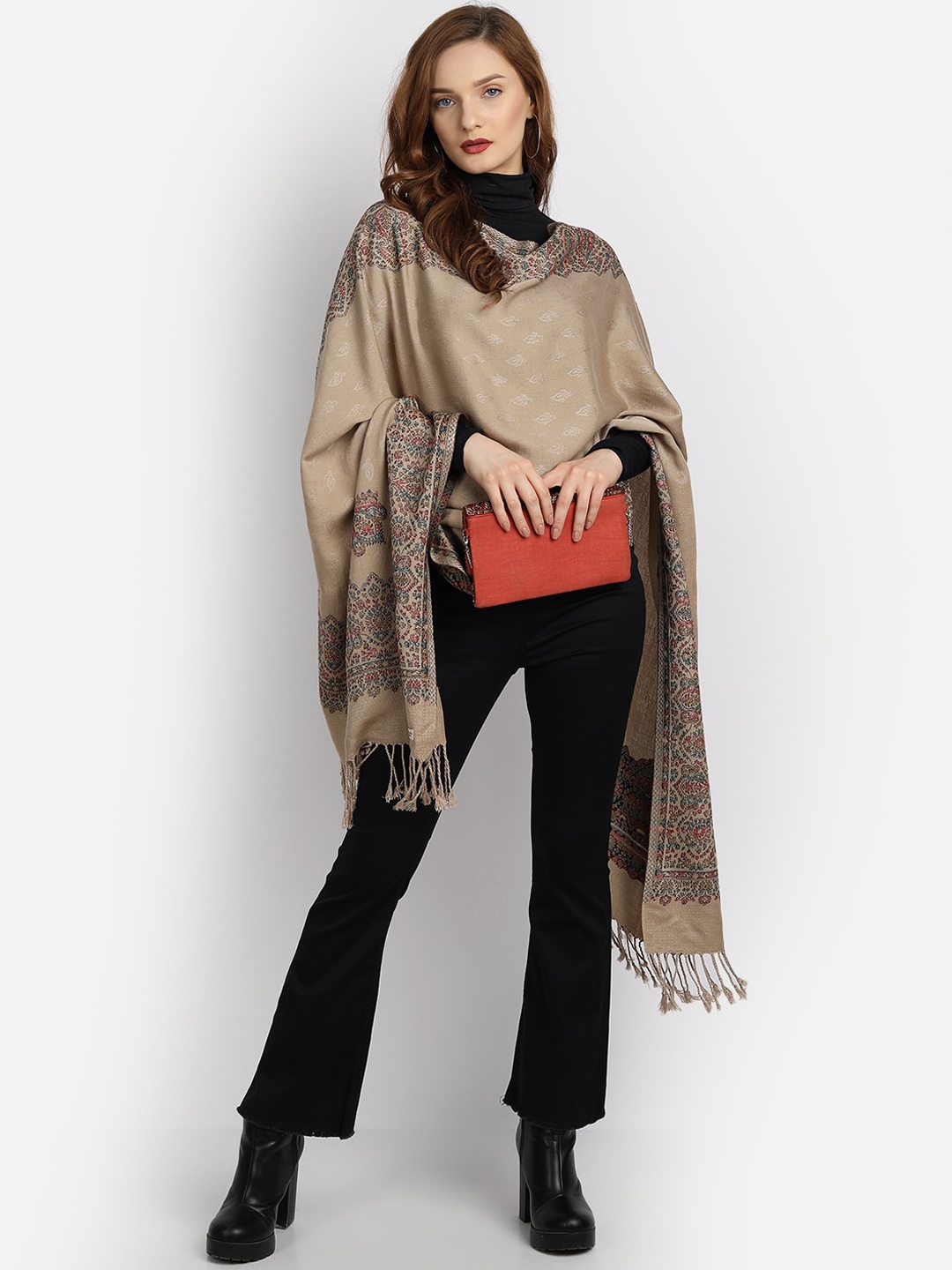 

HK colours of fashion Women Beige & Red Woven-Design Woolen Shawl
