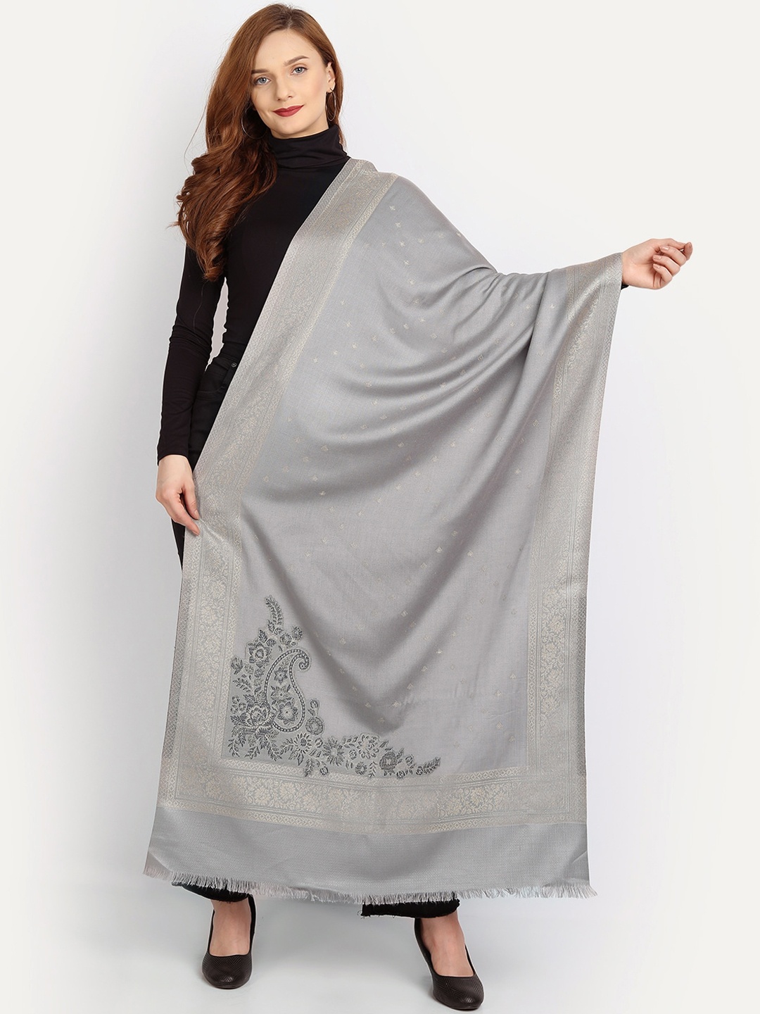 

HK colours of fashion Women Grey & Silver-Coloured Woven Design Woolen Shawl