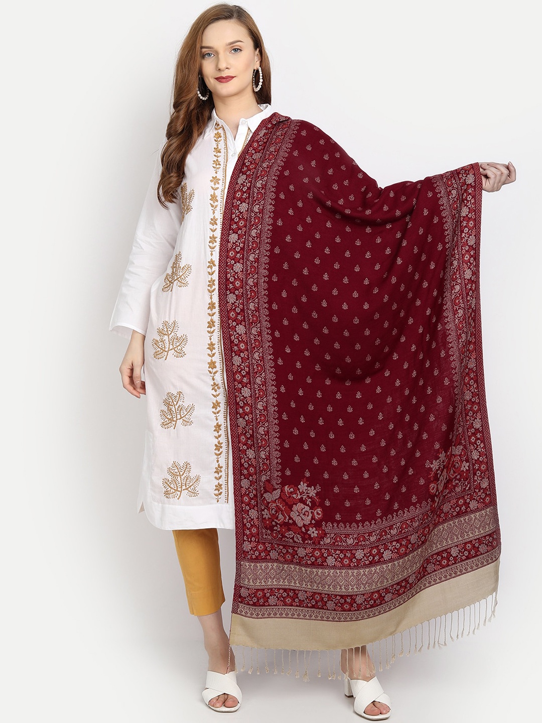 

HK colours of fashion Women Maroon & White Woven-Design Shawl