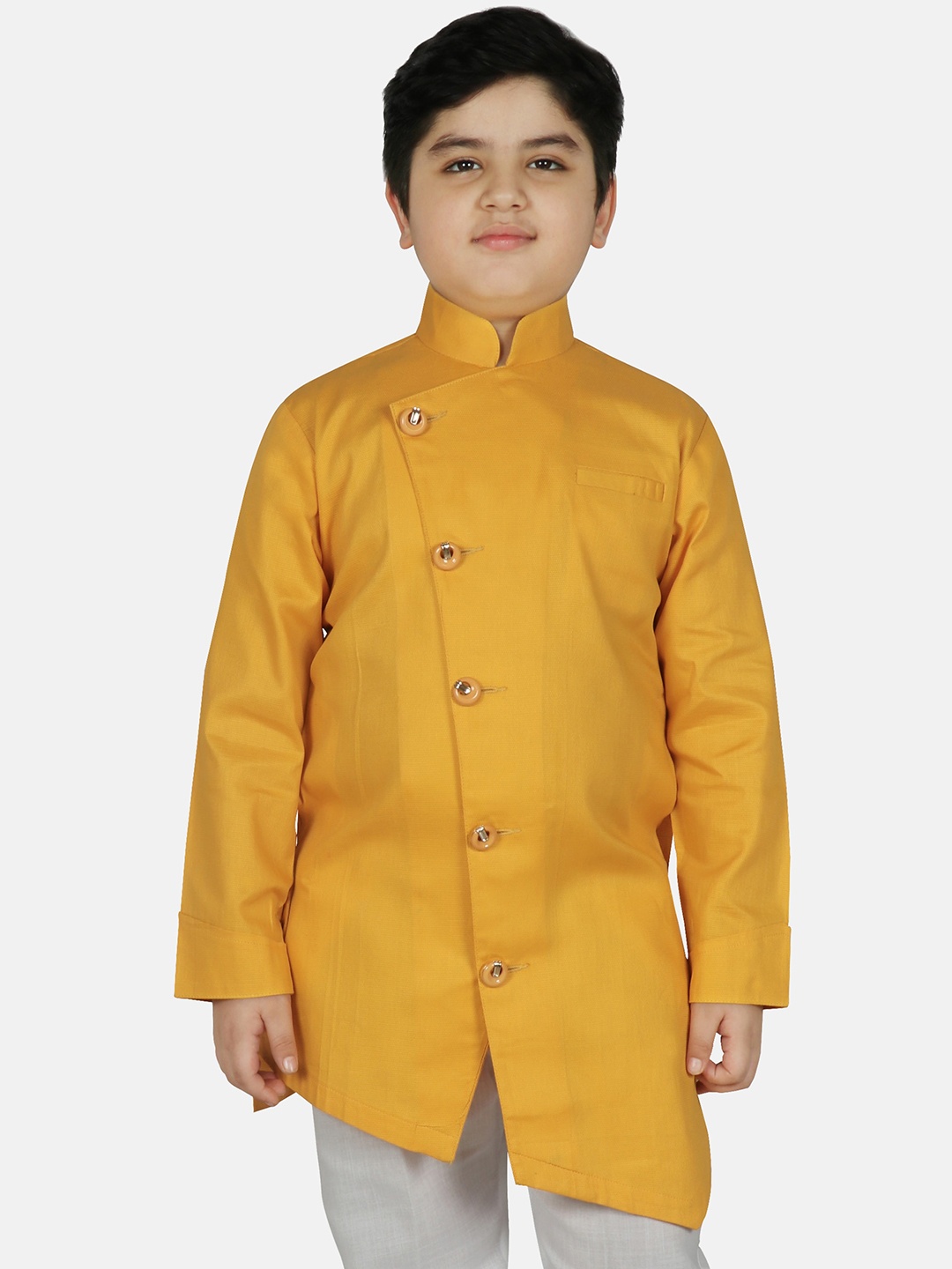 

SG YUVRAJ Boys Mustard Yellow Solid Mandarin Collar Asymmetric Kurta