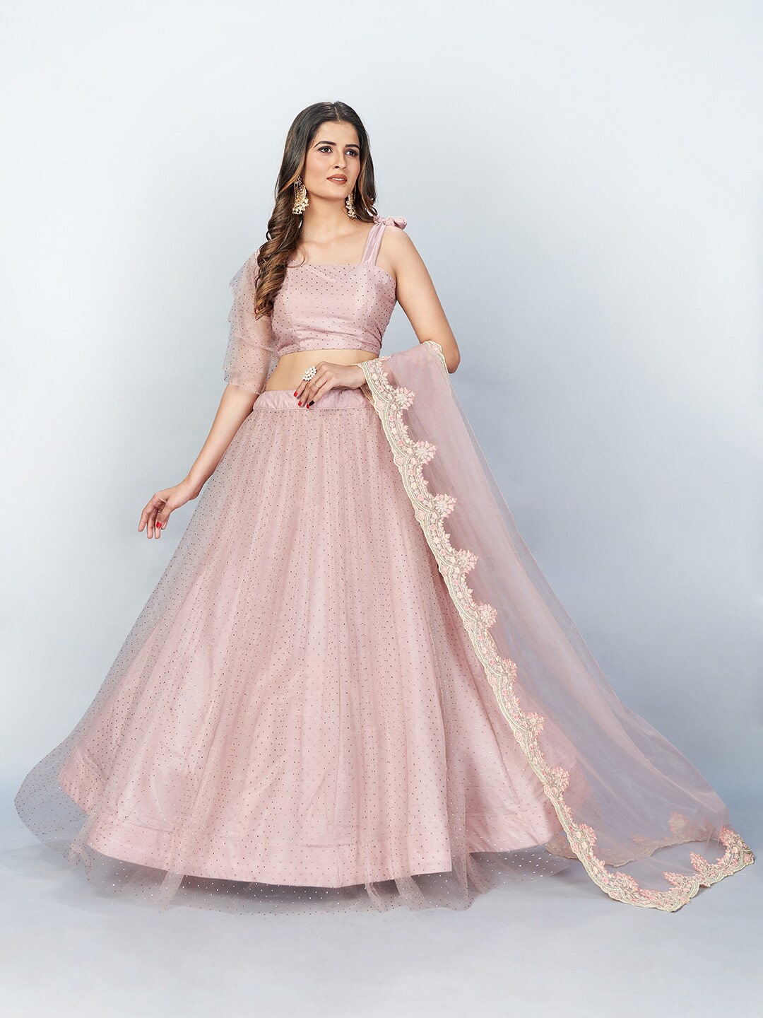 

SHOPGARB Women Mauve Beads & Stone Semi-Stitched Lehenga & Unstitched Blouse with Dupatta