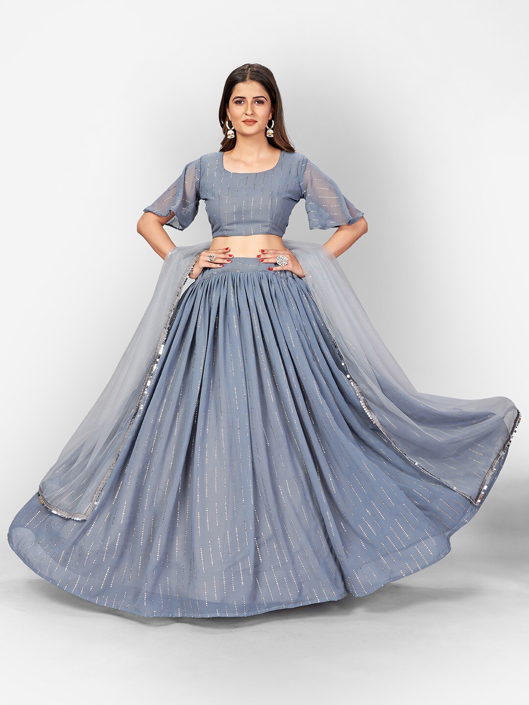 

SHOPGARB Women Grey & Gold Mukaish Semi-Stitched Lehenga & Unstitched Blouse With Dupatta