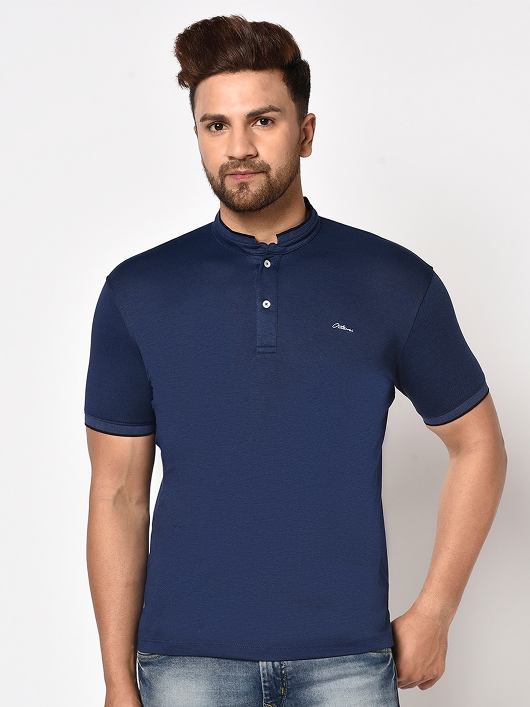 

Octave Men Blue Mandarin Collar T-shirt