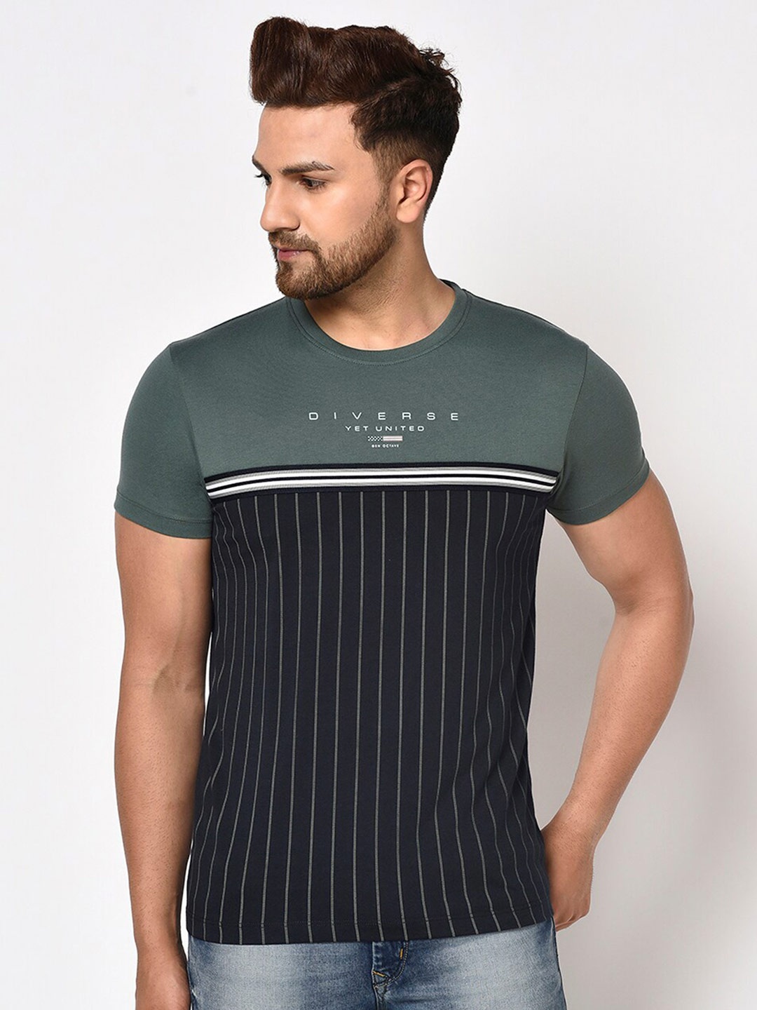 

Octave Men Olive Green & Navy Blue Colourblocked Cotton T-shirt