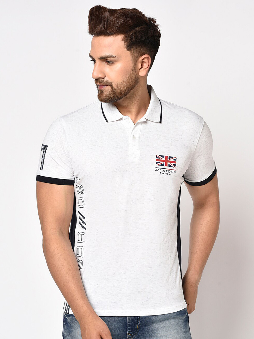 

Octave Men White Typography Printed Polo Collar Cotton T-shirt
