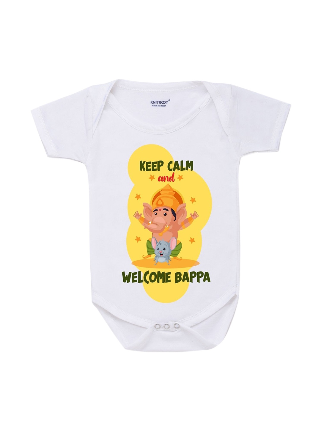 

KNITROOT Infant Kids White & Yellow Welcome Bappa Printed Cotton Bodysuit