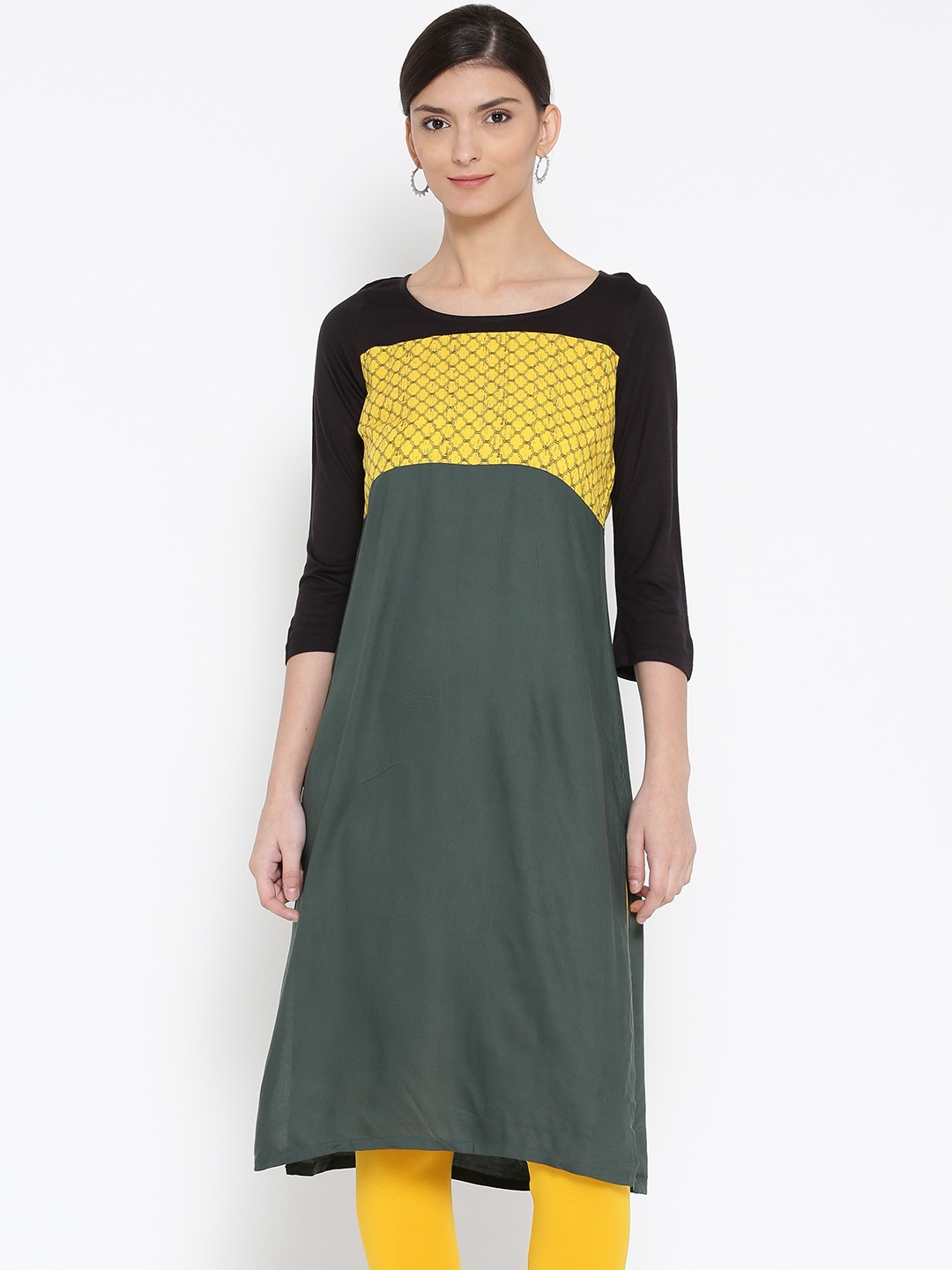 

AURELIA Women Yellow & Grey Printed Straight Kurta