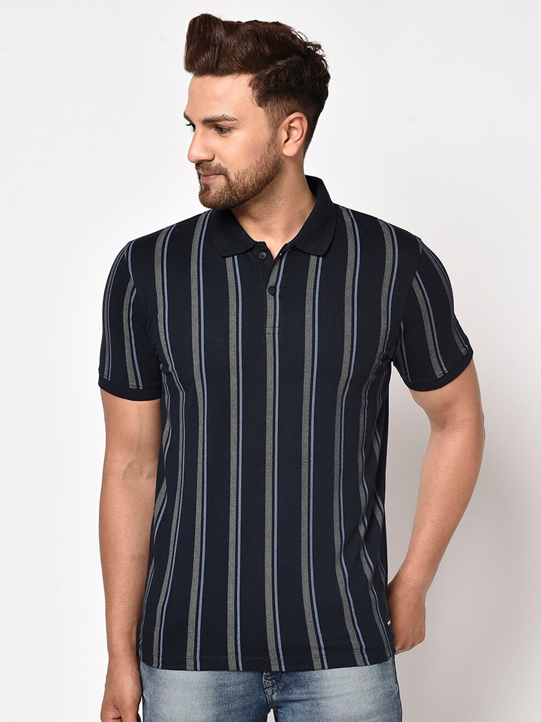 

Octave Men Black Vertical Striped Polo Collar T-shirt