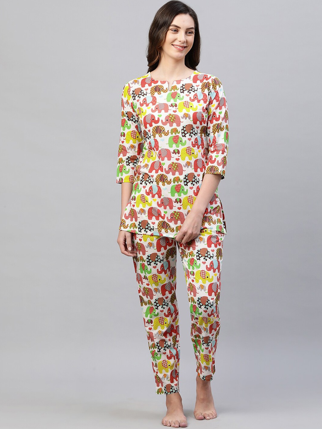 

FASHOR Women Cream-Coloured & Pink Printed Night suit
