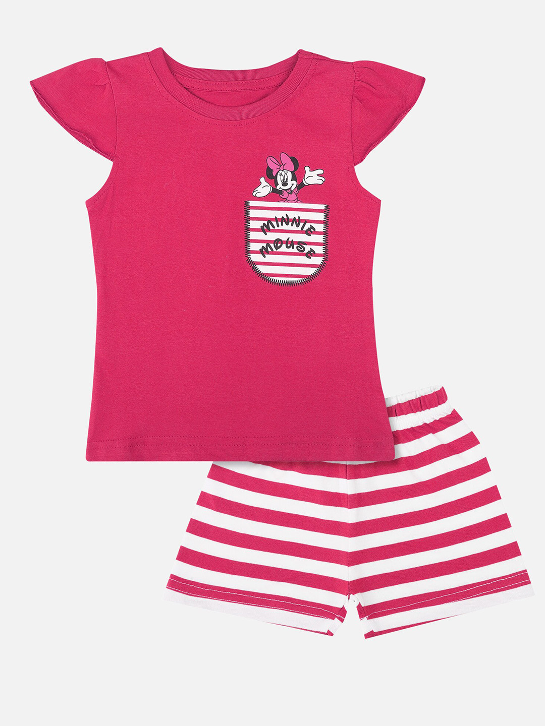 

Bodycare Kids Girls Fuchsia & White Minnie Mouse Printed Pure Cotton T-Shirt With Shorts