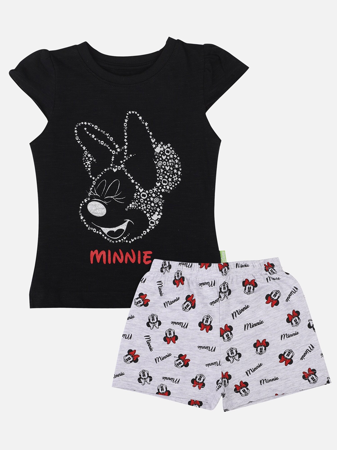 

Bodycare Kids Girls Black & Grey Minnie Mouse Printed Pure Cotton T-Shirt With Shorts