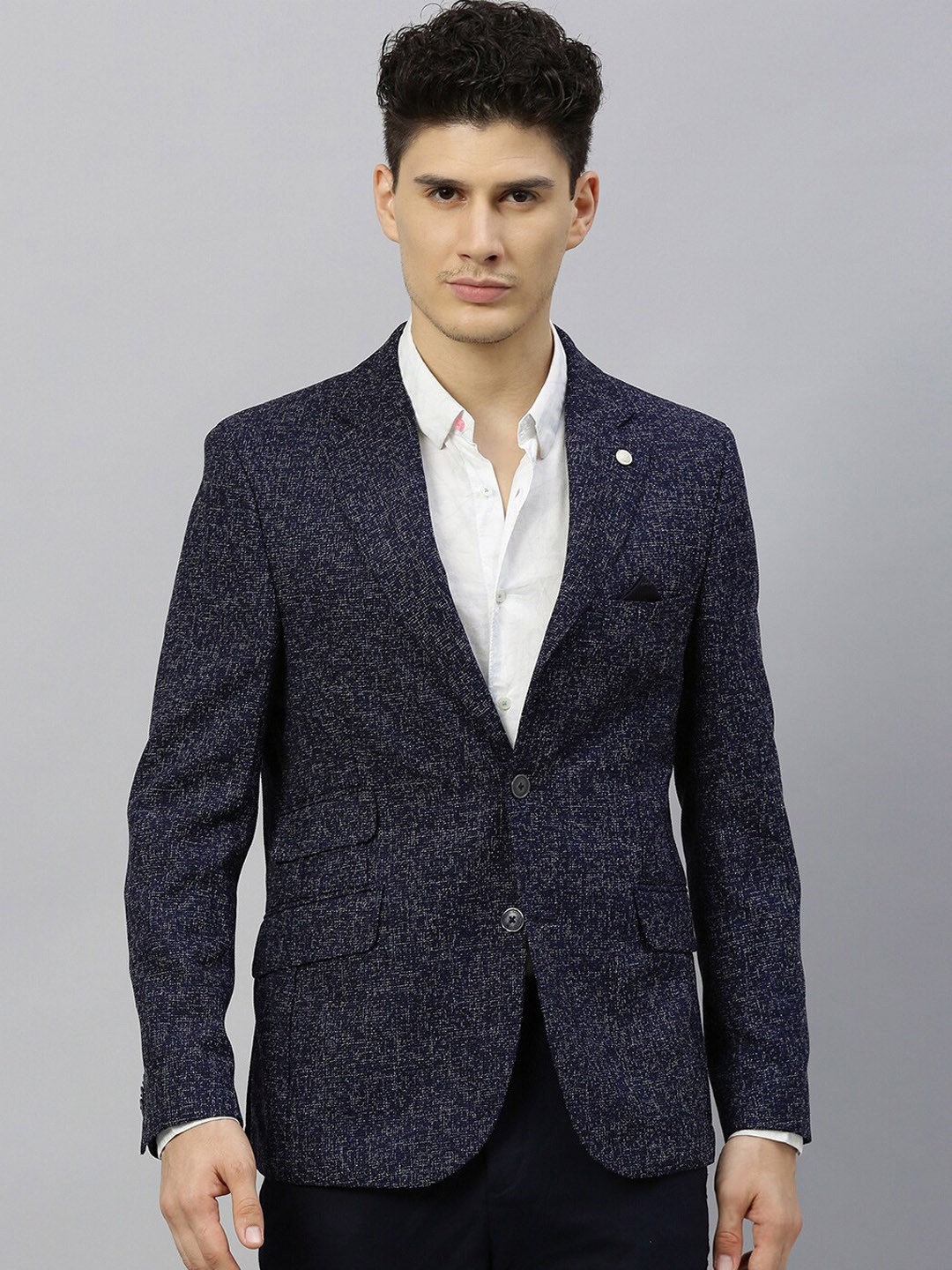 

RARE RABBIT Men Navy Blue & White Printed Tailored-Fit Single-Breasted Casual Blazer