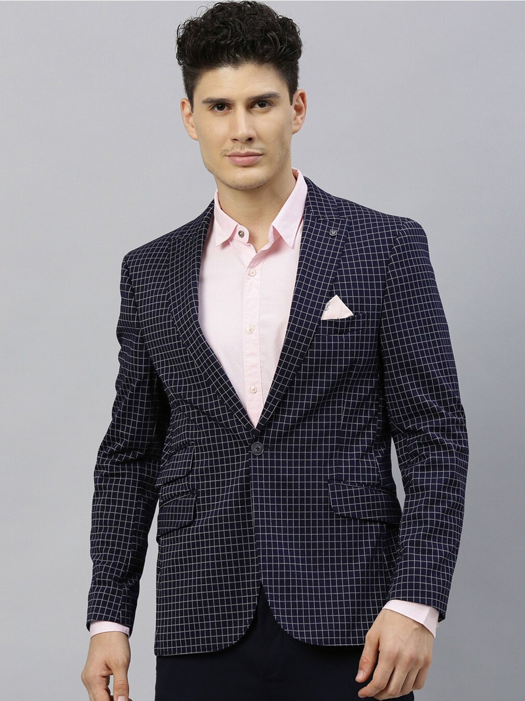 

RARE RABBIT Men Navy Blue & White Checked Single-Breasted Tailored-Fit Formal Blazer