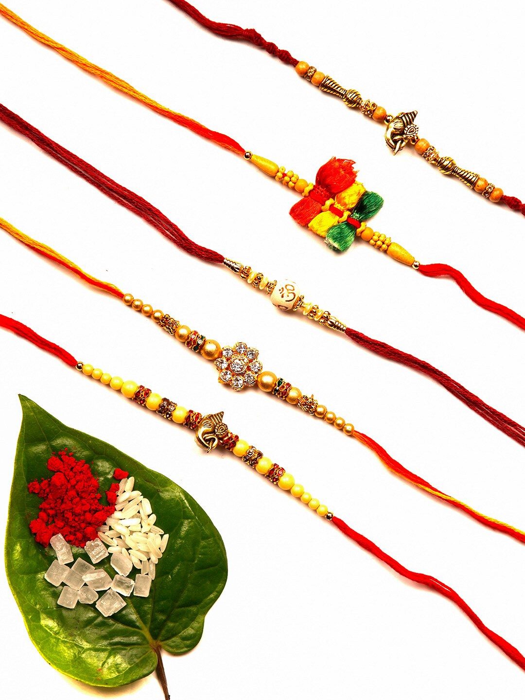 

Ariana Designer Set of 5 Multicoloured Rose Scented Rakhis, Multi