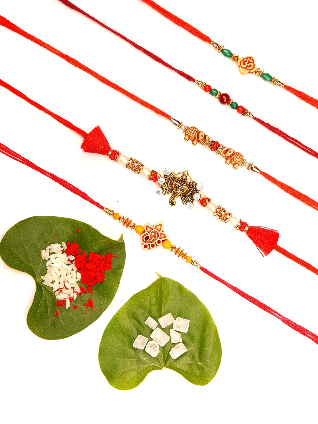 

Ariana Set of 5 Gold-Toned & Red Designer Rose Scented Rakhis
