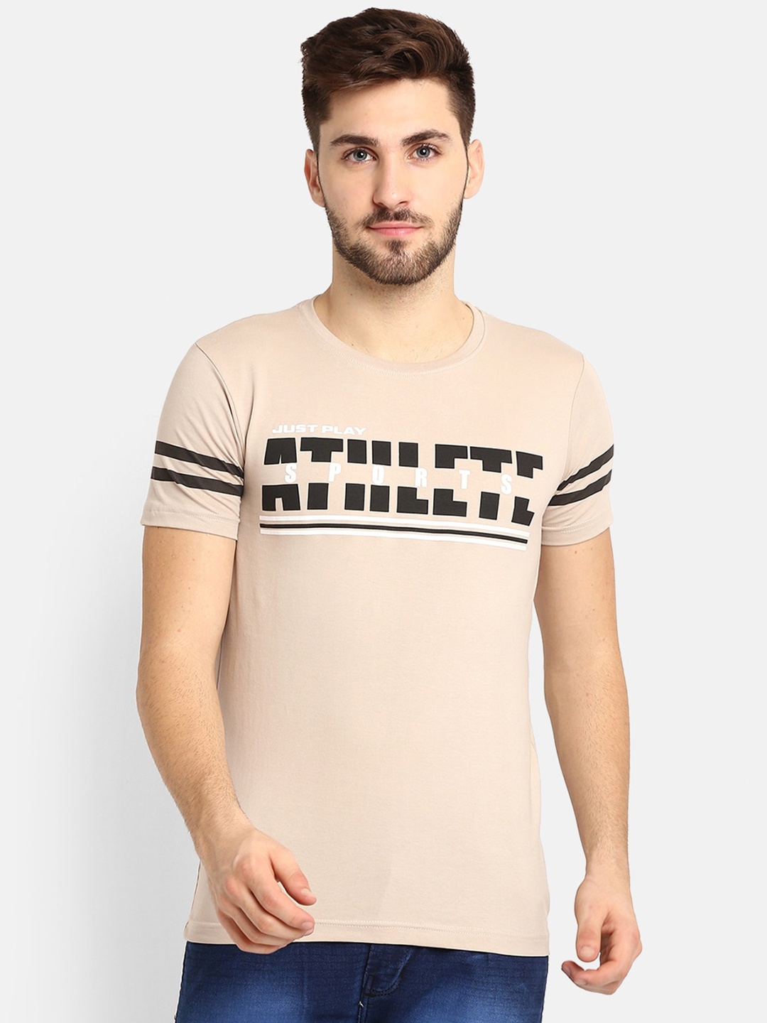 

V2 Value & Variety Men Beige & Black Typography Printed T-shirt