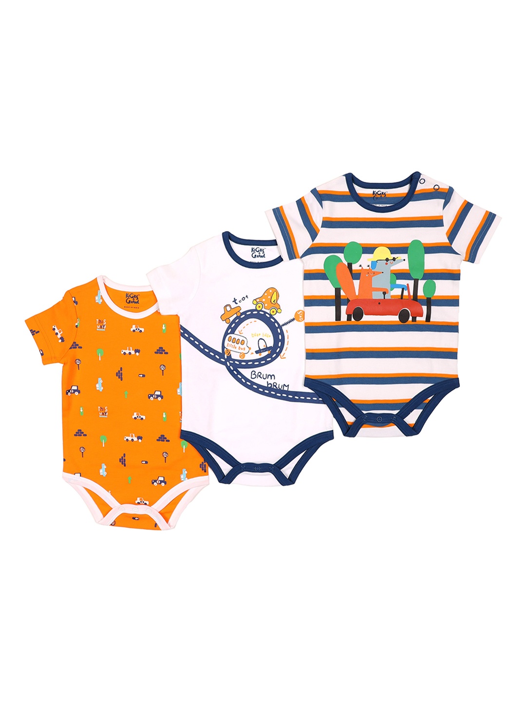 

KICKS & CRAWL Boys Pack Of 3 Printed Cotton Bodysuits, White