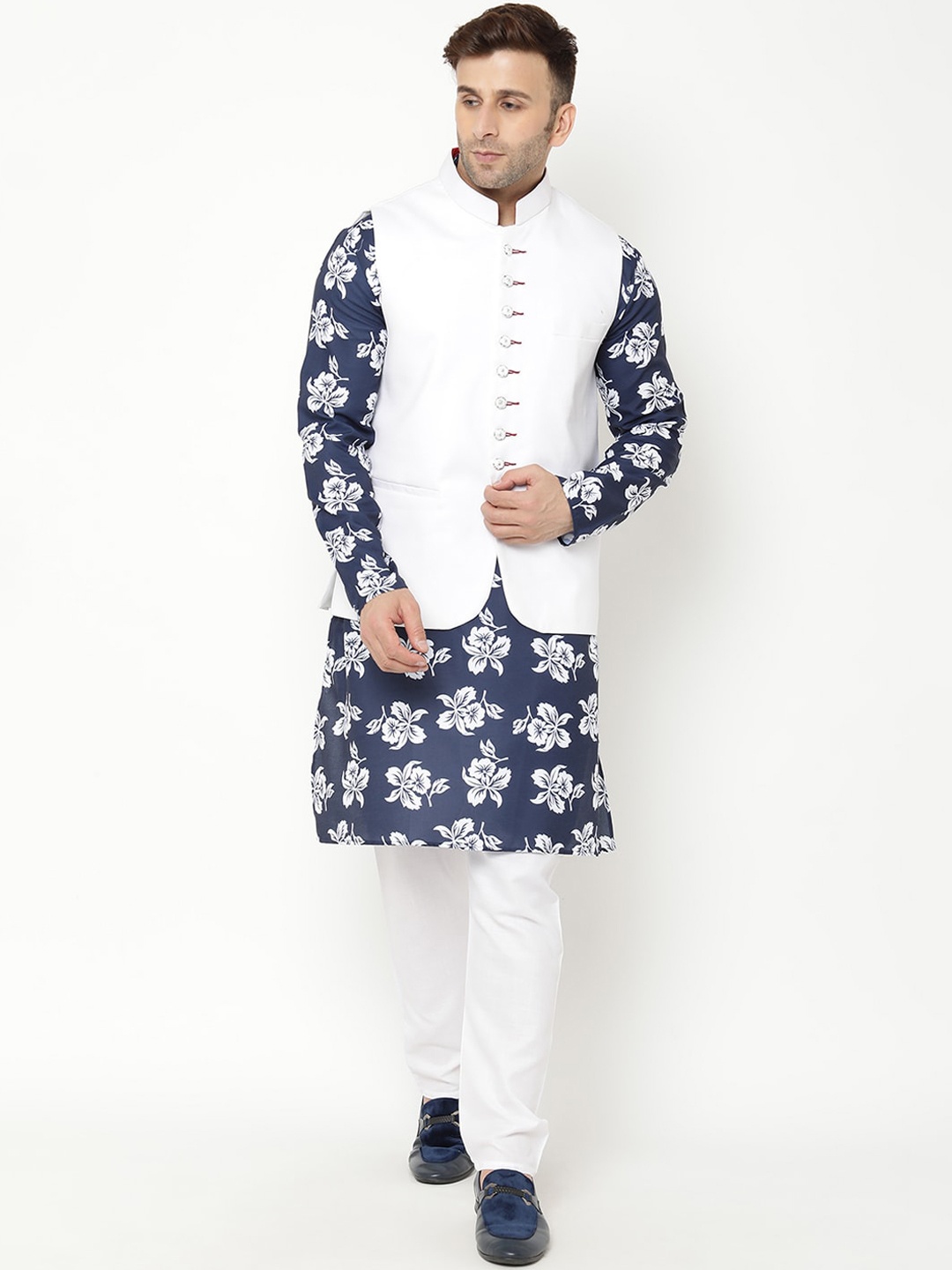 

Hangup Men Navy Blue Floral Printed Kurta with Churidar & Nehru Jacket