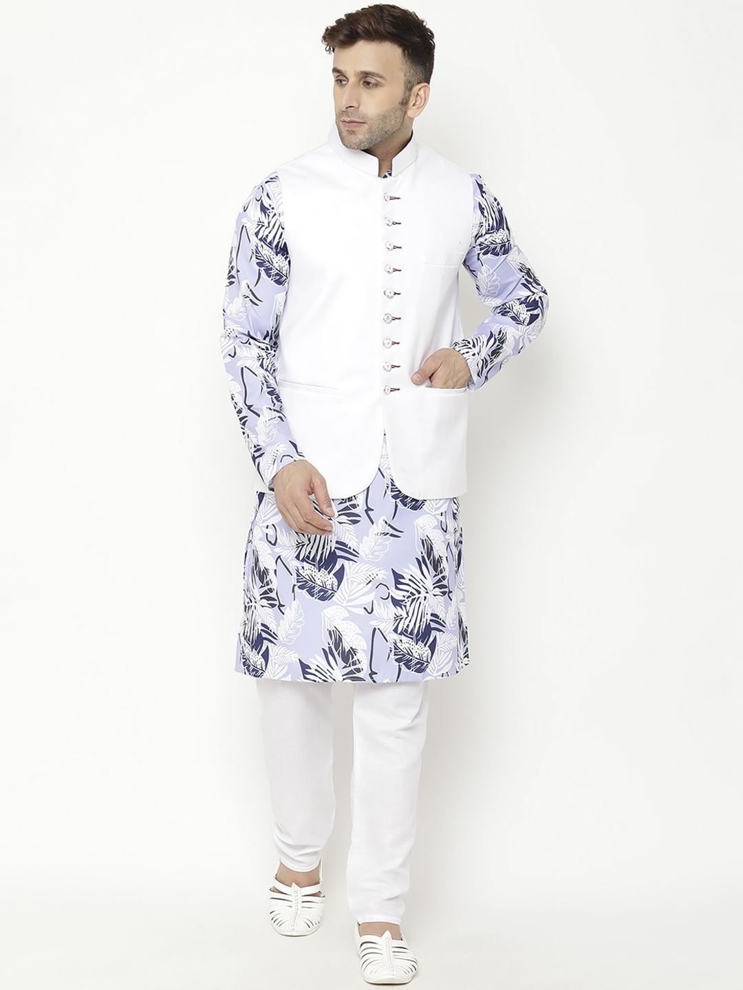 

Hangup Men Blue Floral Printed Kurta with Churidar & Nehru Jacket