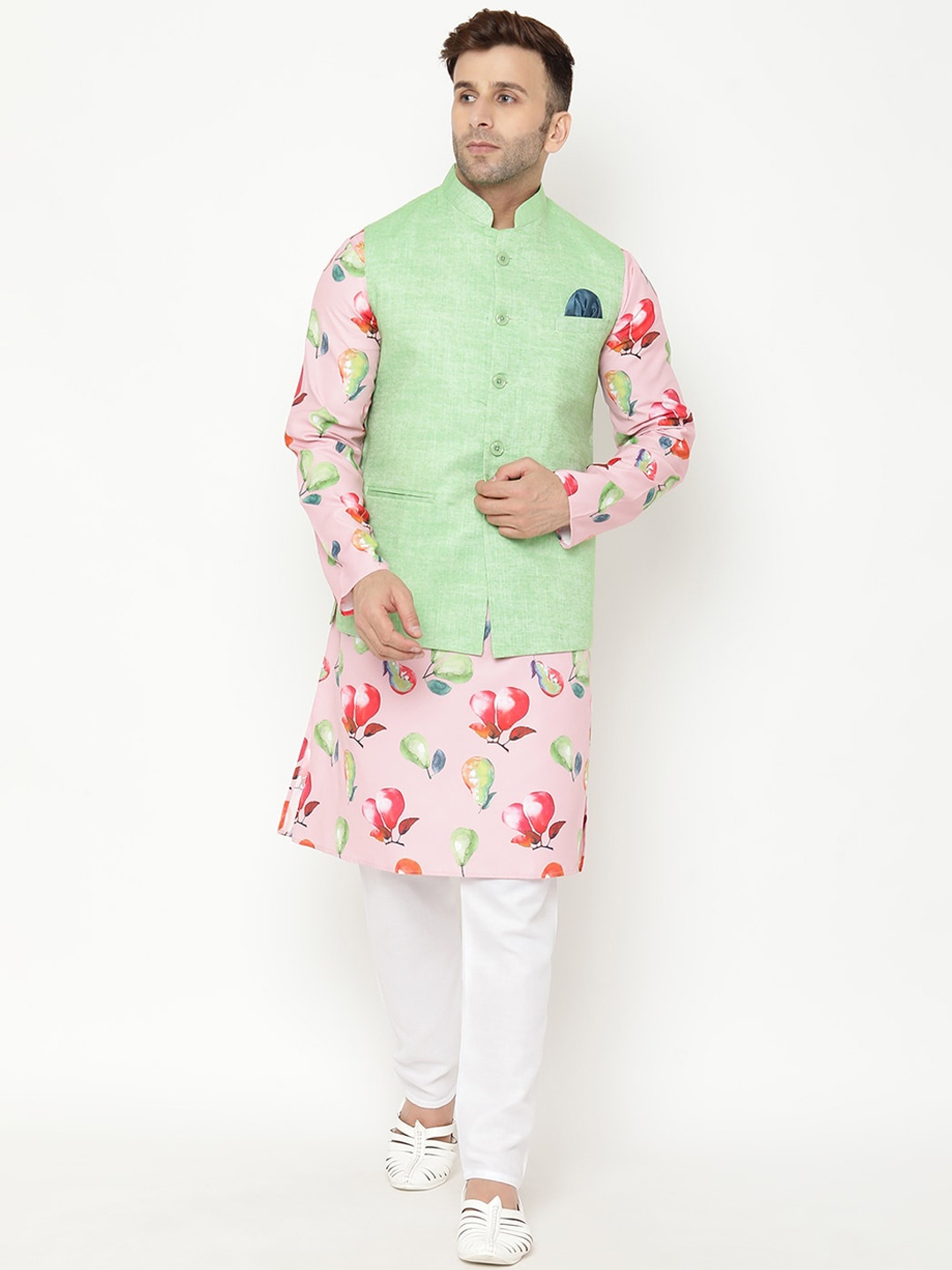 

Hangup Men Pink Floral Printed Kurta with Pyjamas & Nehru Jacket