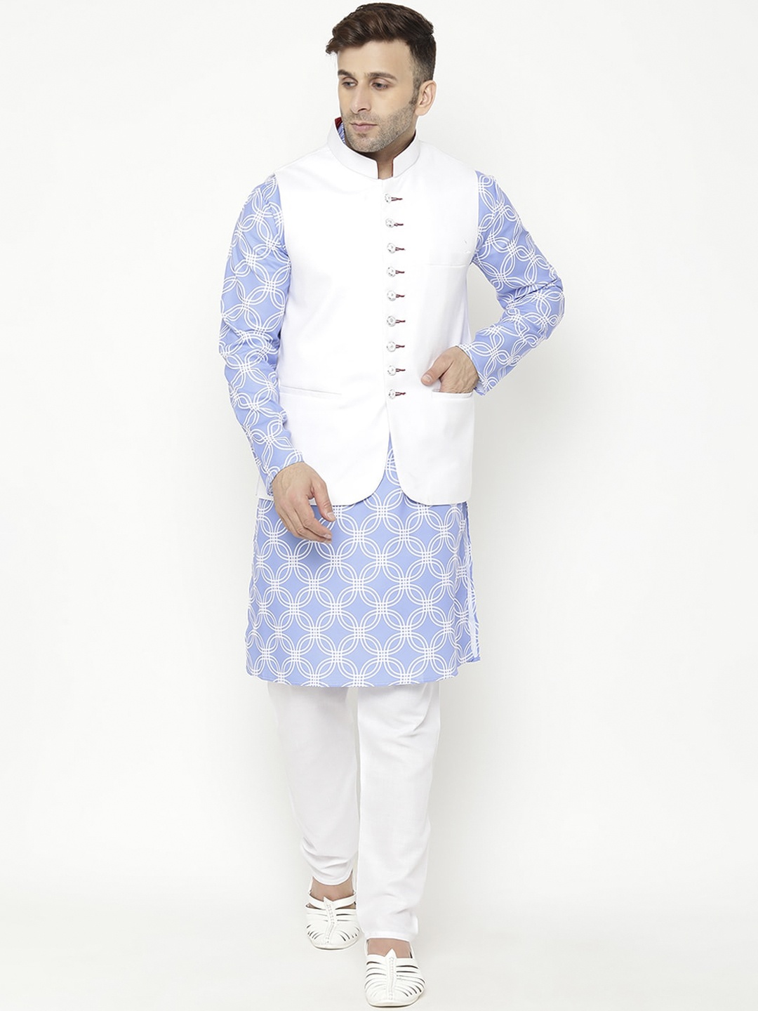 

Hangup Men Blue Printed Kurta with Pyjamas & Nehru Jacket