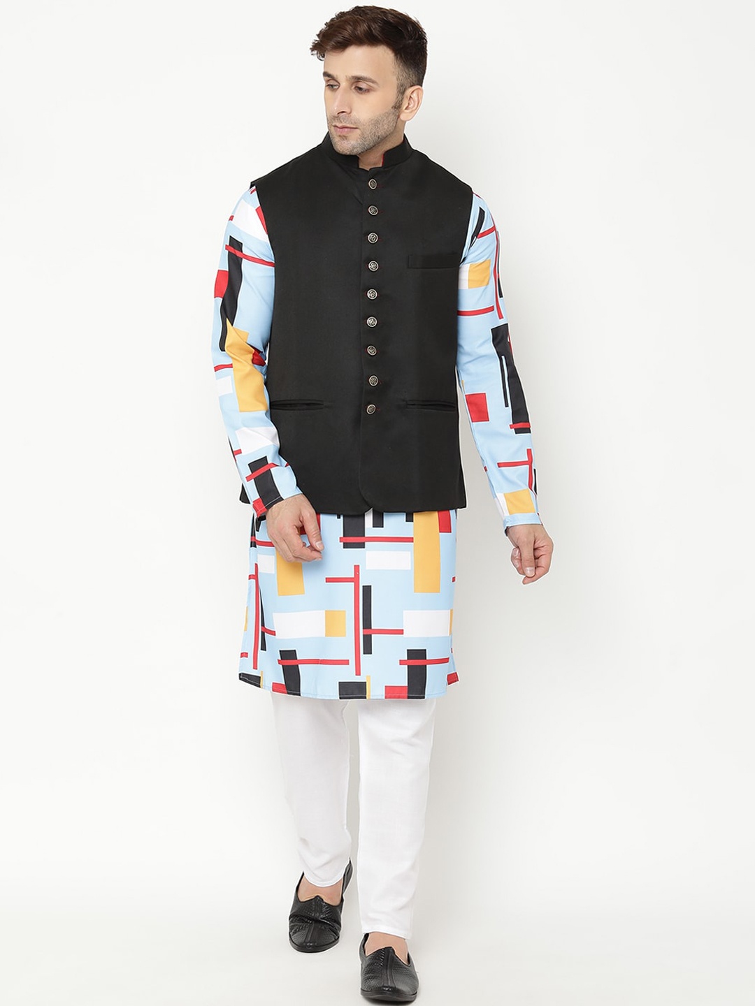 

Hangup Men Blue Printed Kurta with Pyjamas & Nehru Jacket