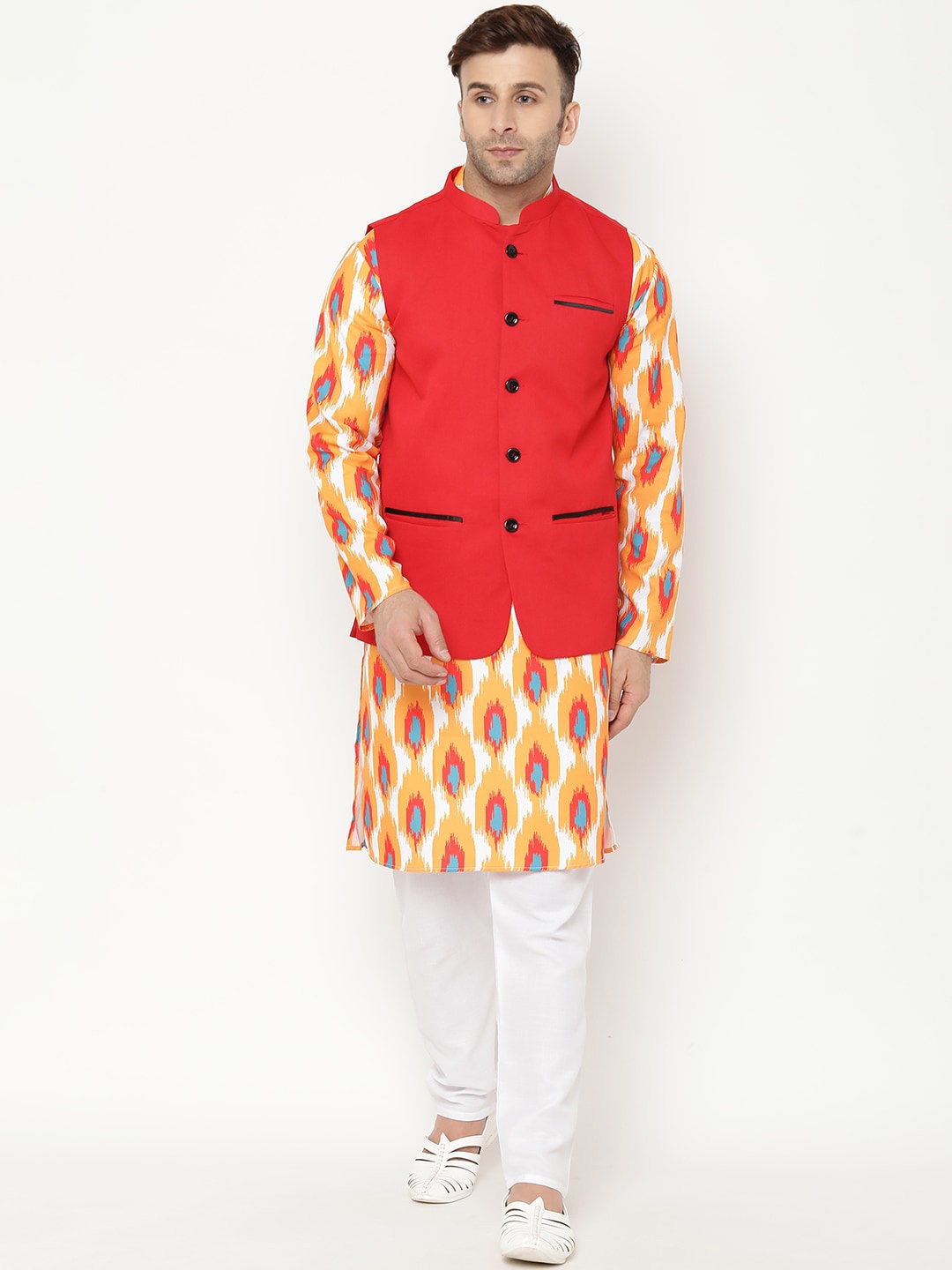 

Hangup Men Orange Printed Kurta with Pyjamas & Nehru Jacket