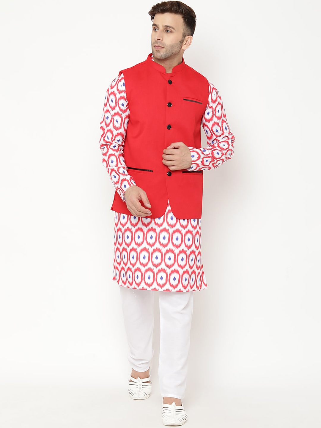 

Hangup Men Red Printed Kurta with Pyjamas & Nehru Jacket