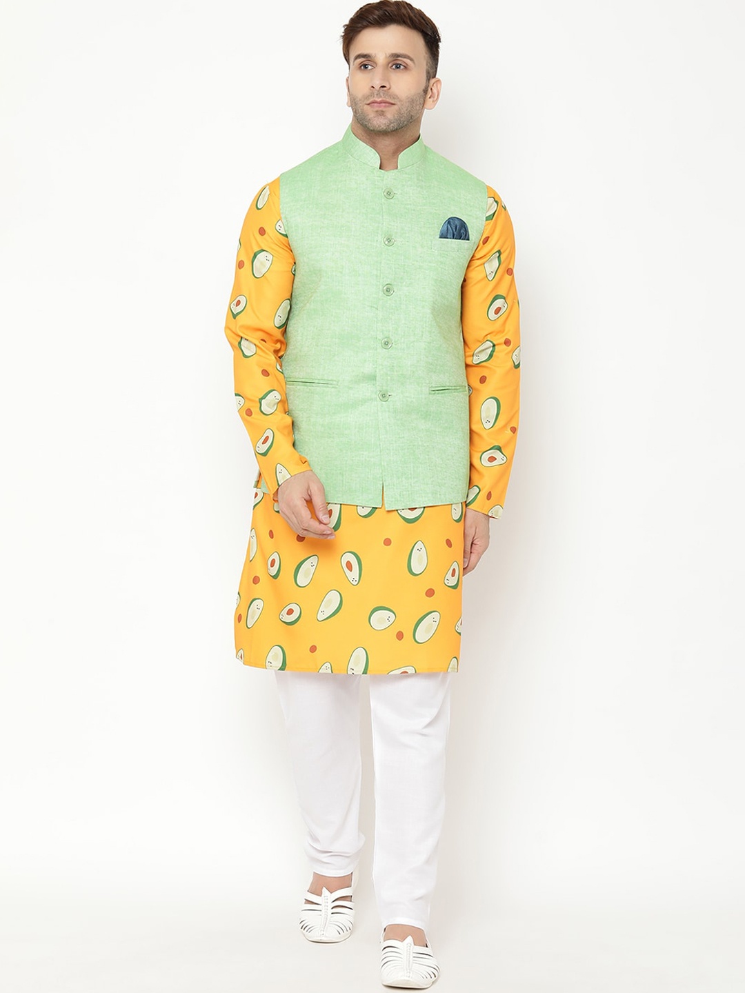 

Hangup Men Yellow Printed Kurta with Pyjamas & Nehru Jacket