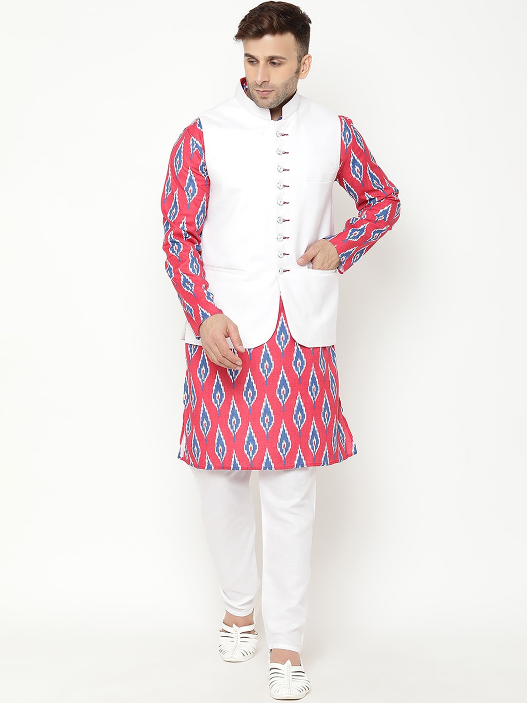 

Hangup Men Red Printed Kurta with Pyjamas & Nehru Jacket