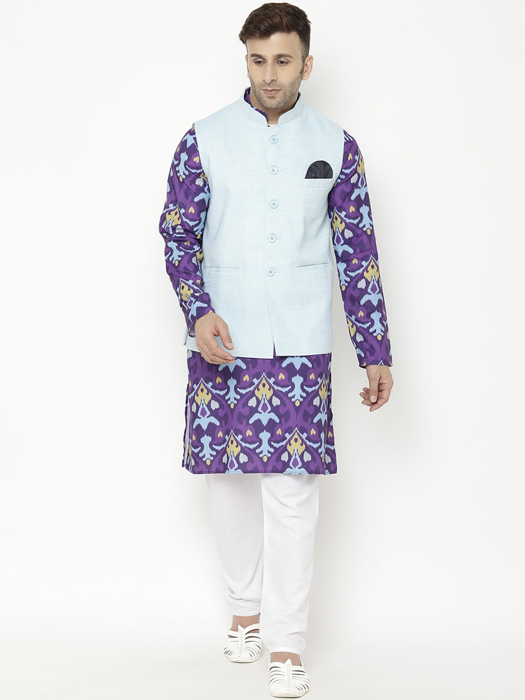 

Hangup Men Purple Ethnic Motifs Printed Kurta with Pyjamas & Nehru Jacket