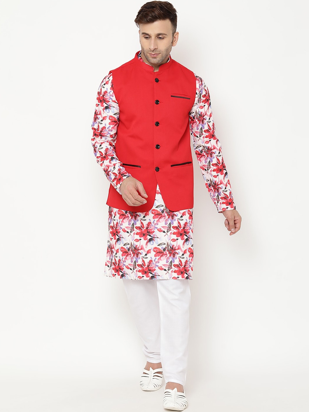 

Hangup Men Red Floral Printed Kurta with Churidar & Nehru Jacket