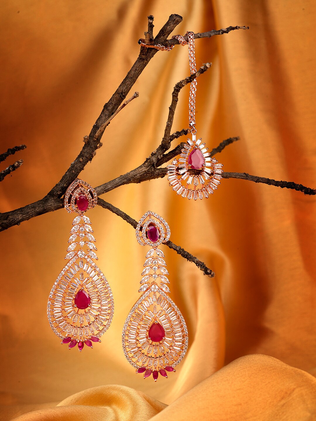 

Saraf RS Jewellery Red & Rose Gold-Plated AD-Studded & Beaded Handcrafted Jewellery Set