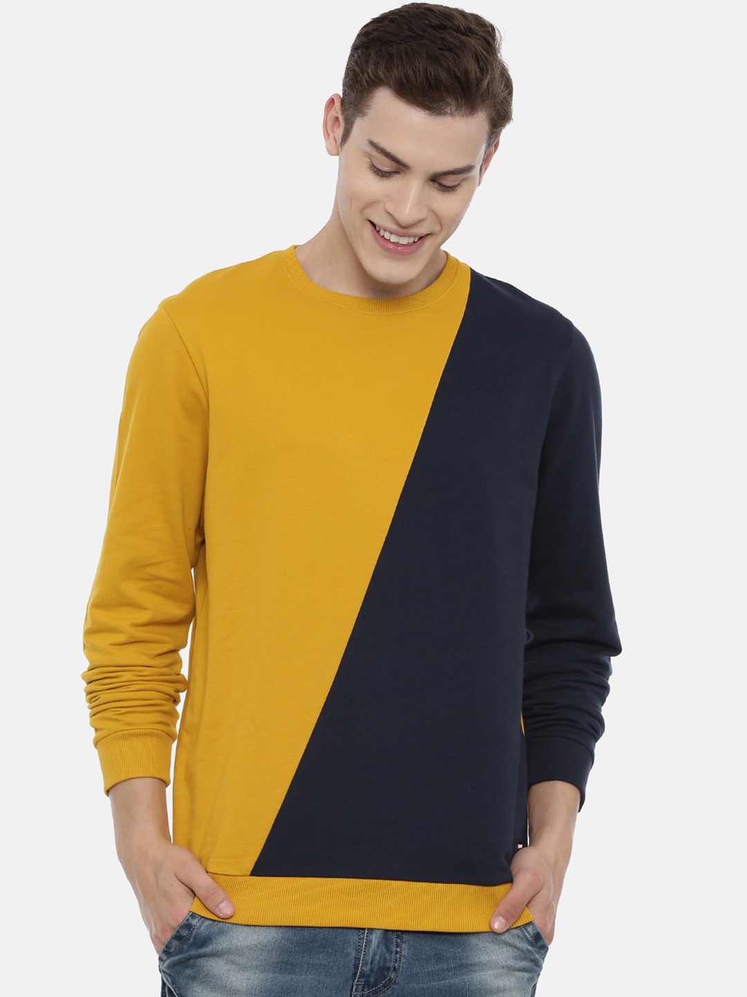 

3PIN Men Mustard & Navy Blue Colourblocked Sweatshirt