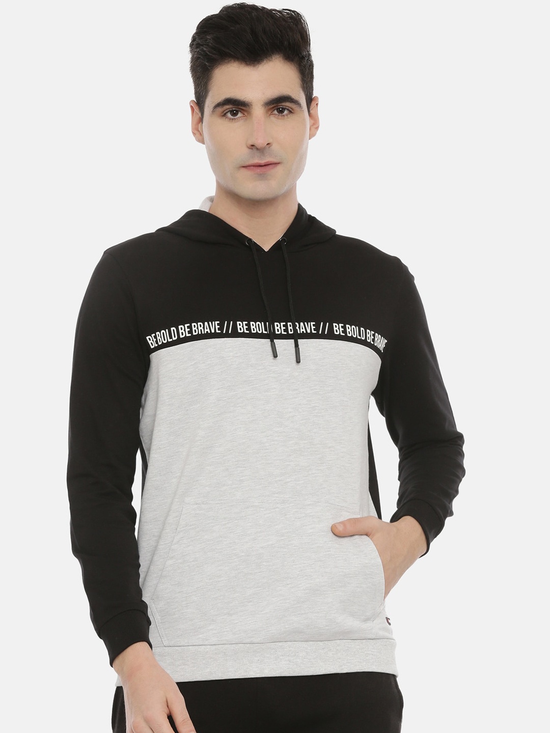 

3PIN Men Black& Grey Colourblocked Hooded Sweatshirt