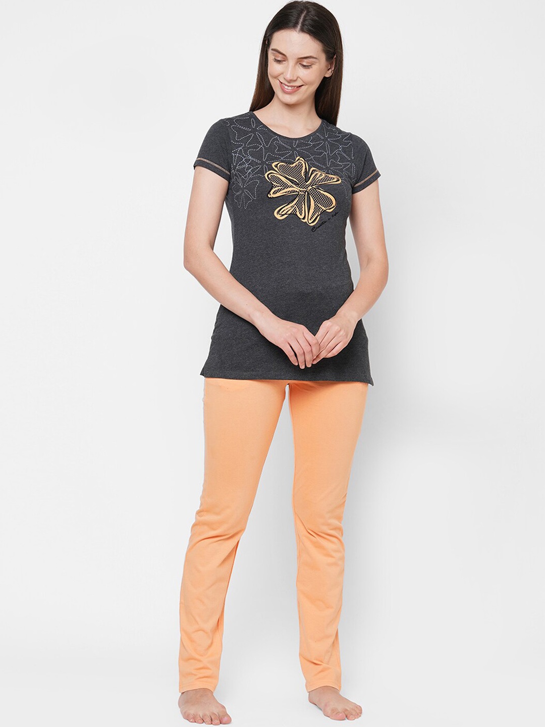 

Sweet Dreams Women Charcoal Grey & Orange Printed Night suit